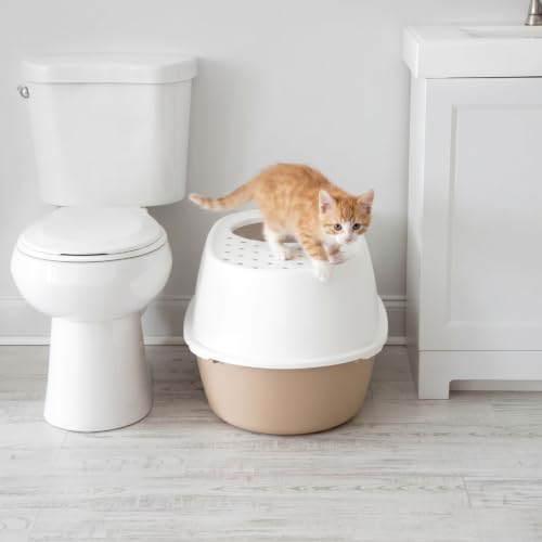 IRIS USA XX-Large Top Entry Cat Litter Box, Dog Proof, Beige/White