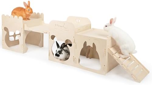 Extra Large Rabbit Castle, Wooden Bunny House & Training Bridge, Detachable Rabbit Hideaway, Indoor Hamster Castle with Ramp, Small Animal Houses & Habitats for Guinea Pig Chinchilla Ferret(2+1 House)