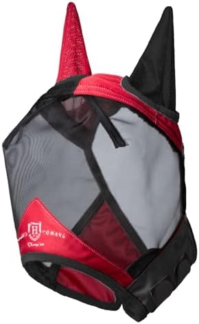 Harrison Howard Pro Luminous Horse Fly Mask Standard with Ears UV Protection for Horse Scarlet Red/Black Medium Cob