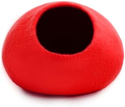 Woolygon Premium Felt Cat Cave Bed – Wool Kitty Beds Handcrafted Kitten Caves Bed for Indoor Cats - Made from Merino Wool, Foldable Cat Hideaway Covered Cat House Pod (Red Plain)