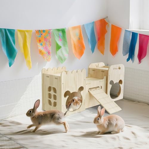 Large Natural Wooden Rabbit Castle,Bunny House,Detachable Rabbit Hideaway, Indoor Hamster Castle with Ramp, Small Animal Houses & Habitats for Guinea Pig Chinchilla Ferret