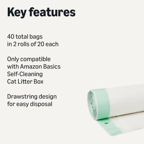 Amazon Basics Self-Cleaning Cat Litter Box Refill Liners with Drawstring, 26.14 x 15.75 Inches, 40-Count (2 Rolls of 20), for Smart Litter Boxes