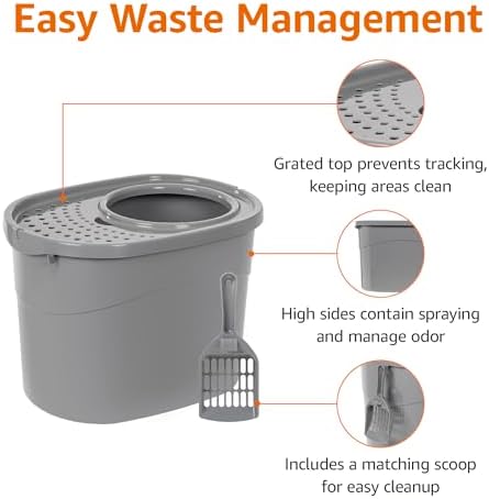 Amazon Basics Large Cat Litter Box with High Sides, Top Entry, Odor Control, Includes Scoop, 20.5 x 14.75 x 14.38 inches, Grey
