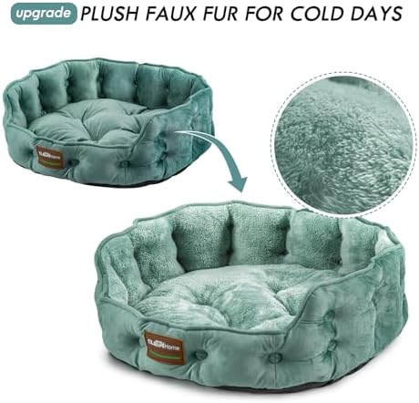 ClevaHome Upgrade Plush Faux Fur Cat Bed - Washable Round Cat Beds for Indoor Cats, Small Dog Bed for Pets up to 15lbs, Reversible Cushion, Non-Slip Bottom (Washed Green)