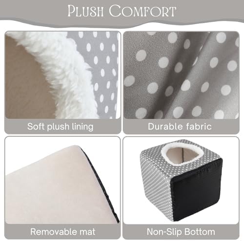 Guinea Pig Hideout, Dwarf Rabbit Bed with Play Tunnel, Washable Fleece House for Dwarf Bunnies, Chinchillas, Hedgehogs, Small Animal Cage Accessories Gray Dot
