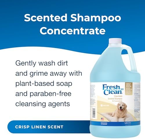 PetAg Fresh ’n Clean Crisp Linen Scented Shampoo (15:1 Concentrate) - 1 Gallon - Soothes Dry, Irritated Skin with Vitamin E & Aloe Vera - Strengthens & Repairs Coats - Gluten Free