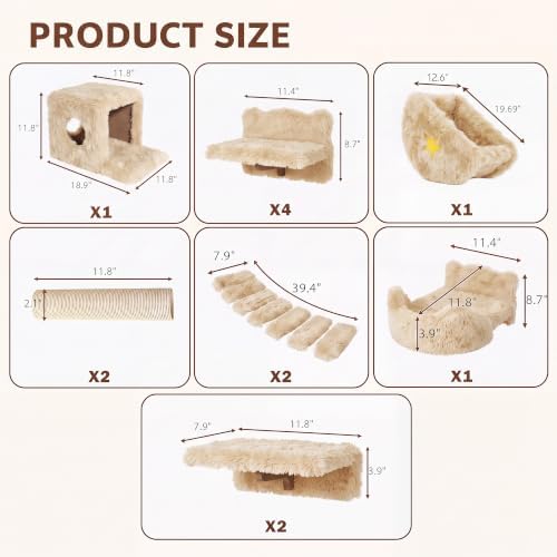 13-in-1 Cat Wall Shelves, Moon & Bridge Cat Wall Furniture, Beige