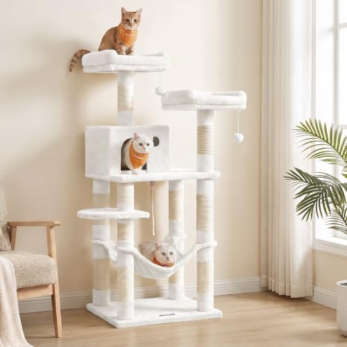 Feandrea Cat Tree, 55.8-Inch Tall Cat Tower Condo Indoor, Light Warm White