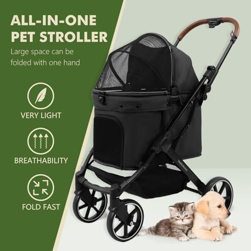 Pet Stroller for Small Medium Dogs Cats, Dog Stroller 4-Wheel Pet Strollers for Medium Dogs Up to 45lbs, Storage Basket, Sun Shades & Waterproof Fabric, Black