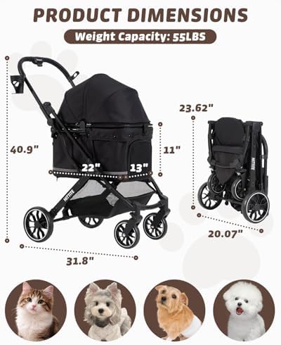 HITTITE Pet Stroller with Weatherproof Cover, All-Terrain 4-Wheel Cat & Dog Stroller with Adjustable Canopy, Foldable Dog Strollers with Storage Basket for Small to Medium Dogs Up to 55 lbs.