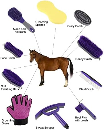 Horse Grooming Kit (12-Piece): Brushes, Storage Bag, Sweat Scraper, Mane Comb, Grooming Gloves - Purple Horse Gifts for Girls