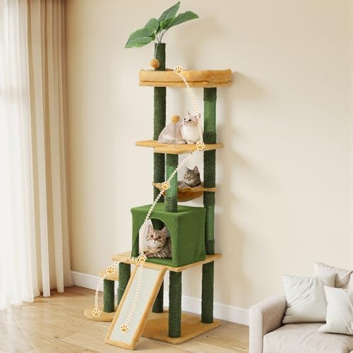DWVO Cat Tree with Leaves for Large Cats: 72.8" Tall with Self-Grooming Brush, Cute Kitten Climbing Tower for Indoor Kittens with Cat Condo, Top Perch, Basktet, Sisal Scratching Posts, Dangling Ball