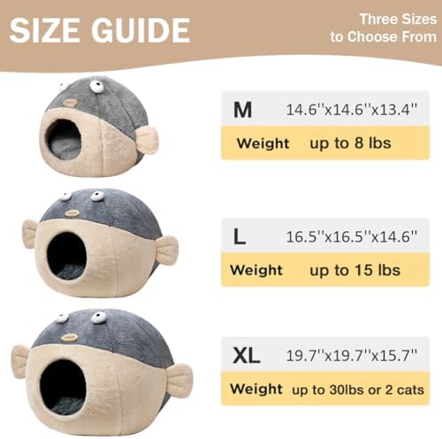 Cat Beds for Indoor Cats-19.7''Cute Pufferfish Larger Cat Cave Bed,Grey XL