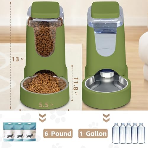 HWONMTE Portable Automatic Cat Feeder and Water Dispenser with Stainless Steel Bowl Dog Gravity Food Feeder and Waterer for Small Medium Pets Puppy Kitten 1 Gallon x 2 (Olive Green)
