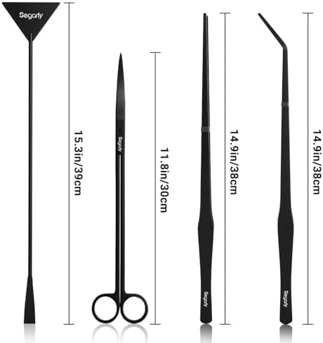 Segarty Longer Aquarium Aquascaping Tools, 4 in 1 Stainless Steel Black Aquarium Tools Kit for Aquatic Plant Fish Tank, Long Scraper Spatula Feeding Tweezers Curved Scissors Anti Rust Aquascape Set