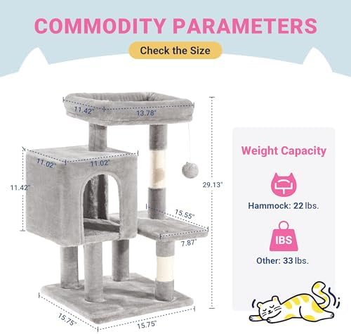 Allewie 29 Inches Cat Tree Tower/Plush Perches Platform/Condo/House/Sisal Scratching Posts/Multi-Level Activity Center Furniture for Kittens/Grey