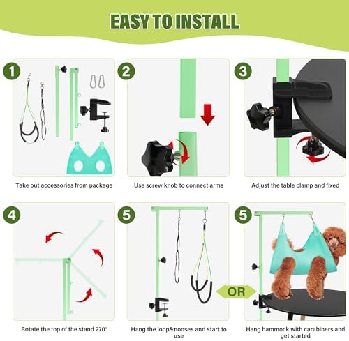 getlstub Dog Grooming Arm with Pet Grooming Hammock, 35" Pet Grooming Table Arm with Adjustable No Sit Haunch Holders, Dog Grooming Stand with Loop Noose for Small and Medium Pets, Green