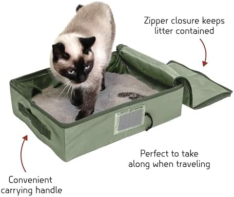 SportPet Designs Portable Travel Litter Box for Cats, Large Collapsible with Zippered Lid, Water-Resistant & Leak-Resistant Cat Litter Tray for Travel, Green