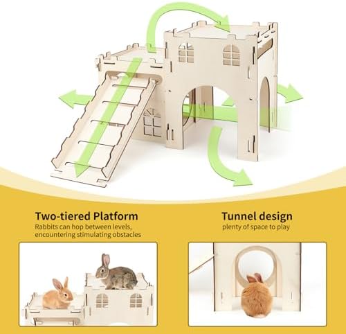 BWOGUE Wooden Bunny Castle Hideout, Extra Large Bunny House with Stairs
