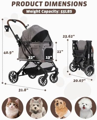 HITTITE Pet Stroller with Weatherproof Cover, All-Terrain 4-Wheel Cat & Dog Stroller with Adjustable Canopy, Foldable Dog Strollers with Storage Basket for Small to Medium Dogs Up to 55 lbs.