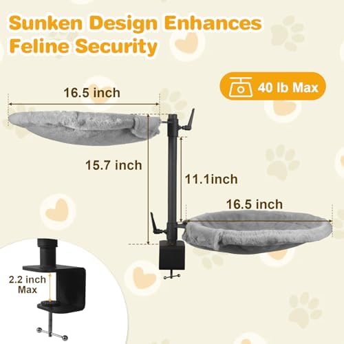 Double Cat Desk Bed - 2 Large Layers Cat beds with 360° Rotating & Adjustable Height, 16.5 inch Kitten Nest for Desktop with 2 Washable Soft Covers, Kitten Hammock Bed Mount for Home Office Grey
