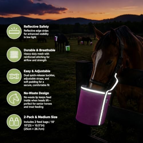 Horse Feed Bag,Heavy Duty Muzzle Feed Bag with Adjustable Strap,Comfort Neck Pad,Nose Pad and Double Waterproof Bottom Mesh Feed Bags for Horse Pack of 2 (Green & Pink(Reflective))