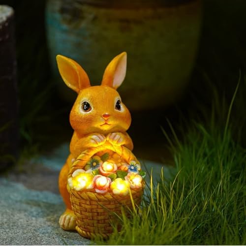 Fairy Garden Statues,Fairy Garden House with Solar Powerd Night Light,Yard Decorations Outdoor Fairy Garden Accessories Decor for Outside (Rabbit Flower Basket)