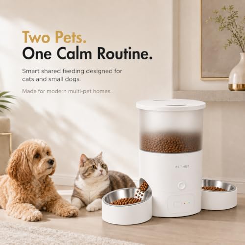 3L Dual Automatic Pet Feeder - Smart & Quiet Cat Automatic Feeders for 2 Cats with App Control, 2 Way Audio, Dual Power Options, Portion Control, Self-Feeding Cat Food Dispenser - White