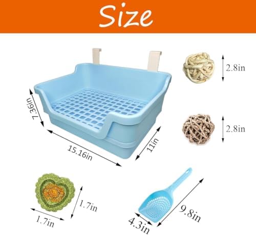 PINVNBY Large Rabbit Litter Box Deep Bunny Corner Toilet Box Double-Deck Small Animal Potty Trainer with Hooks for Adult Guinea Pig Chinchilla Ferret Chipmunk(Blue)