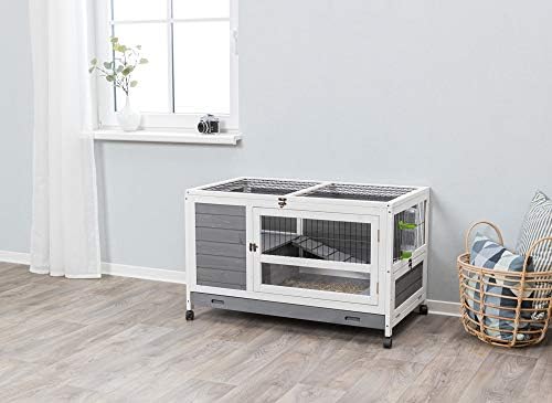 Trixie Natura Small Indoor Rabbit Hutch, Pet House for Rabbits and Guinea Pigs, Bunny Cage on Wheels, Pull Out Tray