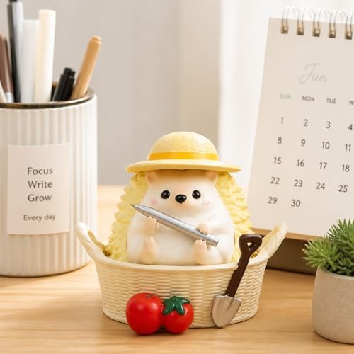 Soft Yellow Hedgehog Pen Holder, Cute Resin Basket Desk Decor