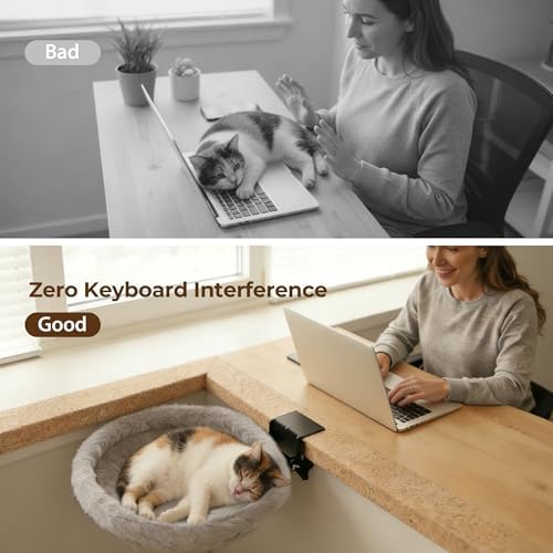 Cat Desk Bed, Foldable Desk Mounted Cat Bed for Large Cats, Heavy Duty Support Up to 50lbs, Desk Cat Perch with Extra Wide Clamp & Double Anti-Slip Pads, Attachment for Home Office