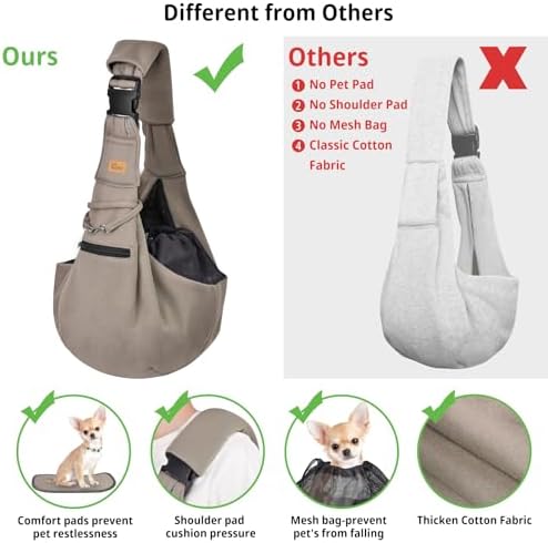 CUBY Adjustable Dog Cat Sling Carrier with Padded Hard Bottom Pet Carrier Sling Soft Carrying Puppy Bag for Small Dogs Cats Outdoor Travel(Khaki Senior)