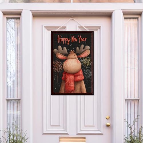 Happy New Year Garden Flag 12x18 Double Sided Vertical Linen Small Fireworks Moose House Flag Welcome Holiday Winter House Outdoor Outside Decorations (27178)
