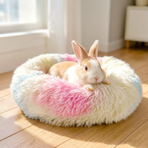 Rabbit Bed, Long Plush Donut Shaped Washable Bunny Hideout Soft Pet Bedding Mat for Guinea Pig, Kitten, Chihuahua & Small Pets for Snuggling Resting - Rainbow