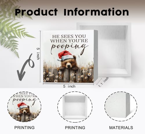 Christmas Bear Home Bathroom Decor Sign - Farmhouse Western Christmas Animal Bathroom Decor,Rustic Farm Animal He Sees You When You're Pooping Signs,Bear Gifts for Women