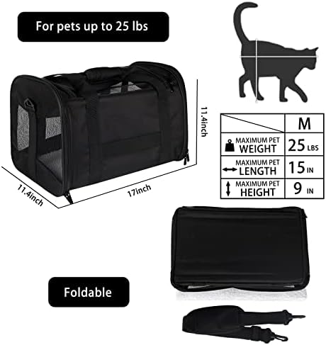 Cat Carrying Case - Pet Carrier Airline Approved, Protable and Breathable Pet Travel Carrier Removable Fleece Pad, Collapsible Cat Carrier Dog Carrier for Medium Cats Small Cats Dogs(Medium, Black)