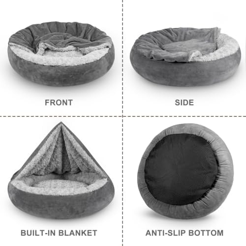 JOEJOY Small Dog Bed Cat Bed with Hooded Blanket, Cozy Cuddler Luxury Puppy Pet Bed, Donut Round Calming Anti-Anxiety Dog Burrow Cave Bed - Anti-Slip Bottom and Machine Washable 26 inch