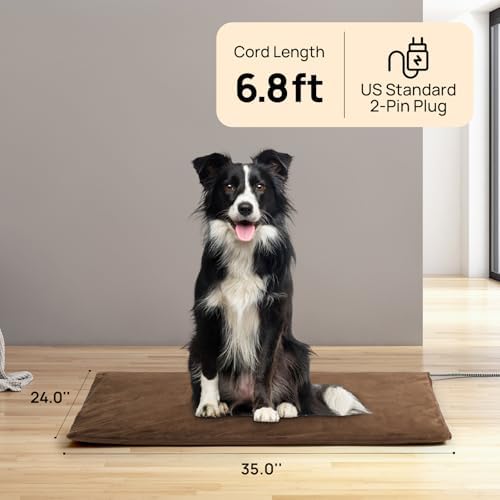 TURBRO 35x24” Large Pet Heating Pad, Electric Heated Dog Bed for Large Breeds, Air Valve Design, Anti-Bite Cord, Ultra-Soft and Anti-Slip Cover, Outdoor and Indoor Use, UL Test Passed, Brown