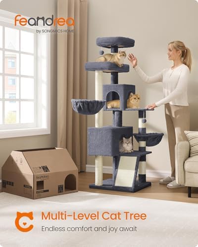 Feandrea Cat Tree, 68.5-in Tall Cat Tower, Multi-Level Condo, Dark Gray