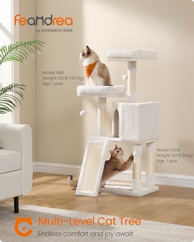 Feandrea Cat Tree, 45.3-Inch Cute Cat Tower, Plush Climbing Condo, White