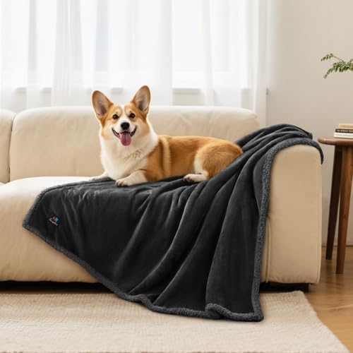 Luciphia Waterproof Bed Blanket Washable,Soft Sherpa Fleece Puppy Reversible Throw Blankets for Medium Large Dog Cat,Furniture Cover Protector Couch Bed from Liquid Pee and Pet Fur, Black,65" x 57"