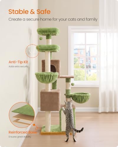 Feandrea Cat Tree, 68.5-in Tall Cat Tower, Multi-Level Condo, Green