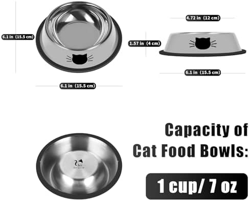 Serentive 4 Pcs Non-Slip Stainless Steel Small Cat Food Bowls - Unbreakable, Thicken 7 Oz Cat Dishes - Indoor, Removable Rubber Base, Easily Clean, Lovely Color