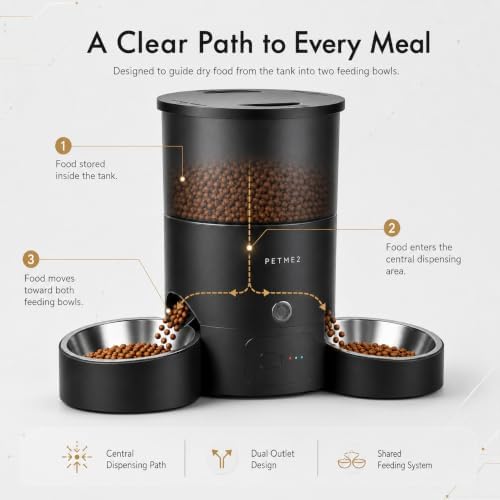 3L Cat Treat Dispenser with Dual Stainless Steel Cat Bowls - Quiet Automatic Cat Feeder for 2 Cats with App Control, 2 Way Audio, Dual Power Options, Self-Feeding Cat Food Dispenser - Black
