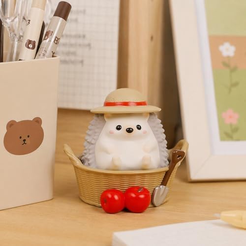 Light Gray Hedgehog Pen Holder, Cute Resin Basket Desk Decor