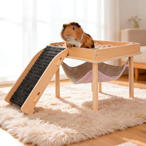 BESNEW Enlarged Guinea Pig Hammock,Bunny Ferret Hamster Small Animal Hammock for Hiding Sleeping,Wooden Guinea Pig Hammock Accessories