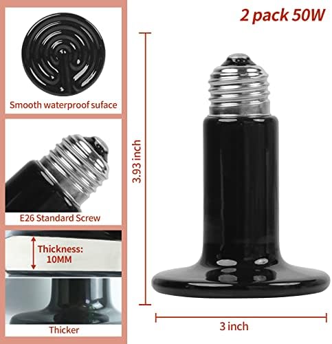 50W Ceramic Heat Emitter (2 Pack), Reptile Heat Lamp Bulbs, Ceramic Heater for Amphibian, Pet Brooder Coop, Chicken, Dog, Cat