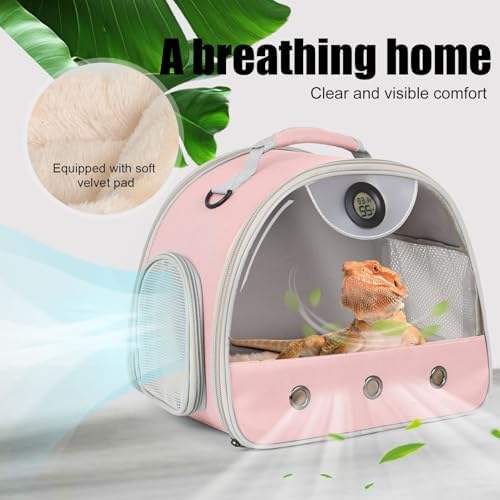 Bearded Dragon Carrier, Reptile Travel Bag with Built-in Thermometer Hygrometer, Breathable Small Animal Carrier with Clear View Window, Portable Guinea Pig Carrier for Gecko, Snake, Hamster