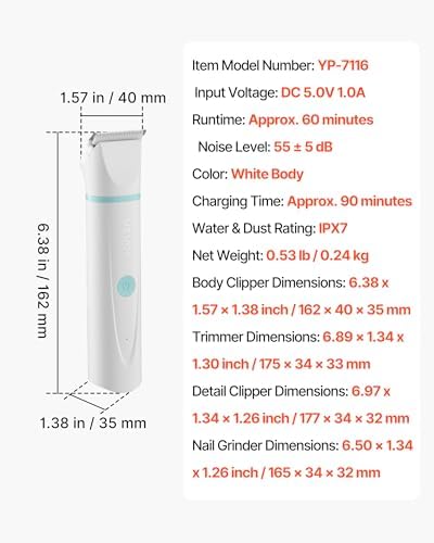 VEVOR Dog Clippers for Grooming, 4 in 1 Dog Grooming Kit, Low Noise, Rechargeable Pet Shaver with 6 Combs & 4 Detachable Blades, Waterproof Cordless Pet Hair Trimmers Nail Grinder Set for Dogs Cats